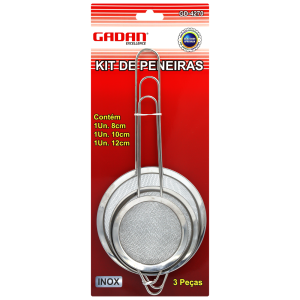 KIT COM 3 PENEIRAS DE INOX - 8-10-12CM - GADAN